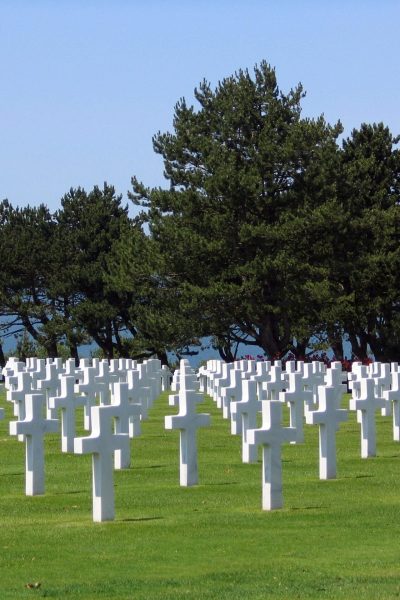 Rows of white crosses in a military cemetery, symbolizing remembrance and honor.